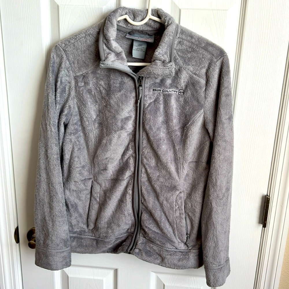 Free Country Gray Fuzzy‎ Fleece Full Zip Jacket Coat Ladies Small